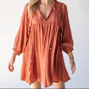 NWT NATURAL LIFE Rose Bohemian Babydoll Mini Dress- Rust Textured Flow Sz M